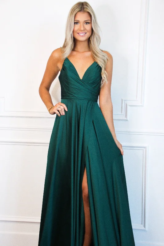 Ella Satin Slit Formal Dress: Emerald