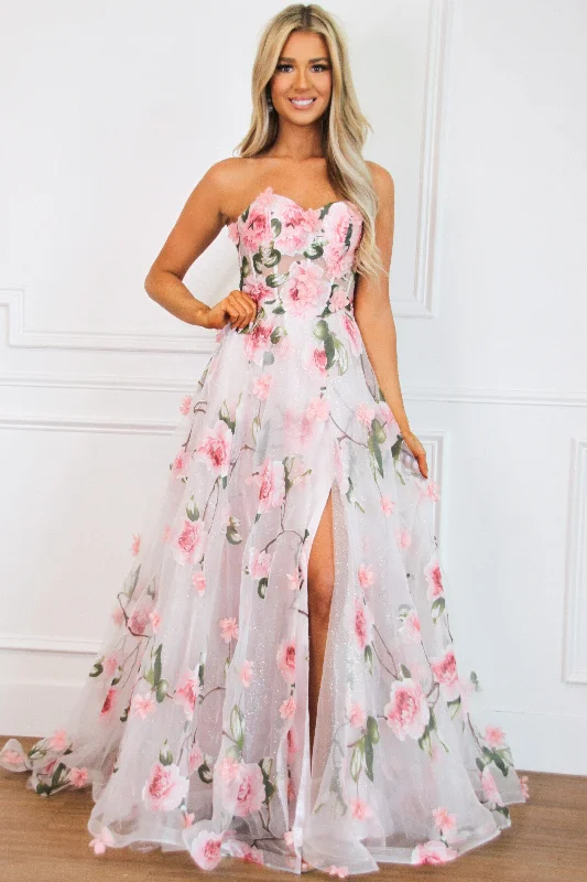 Enchanted Florals Sparkly Bustier Formal Dress: Blush Multi