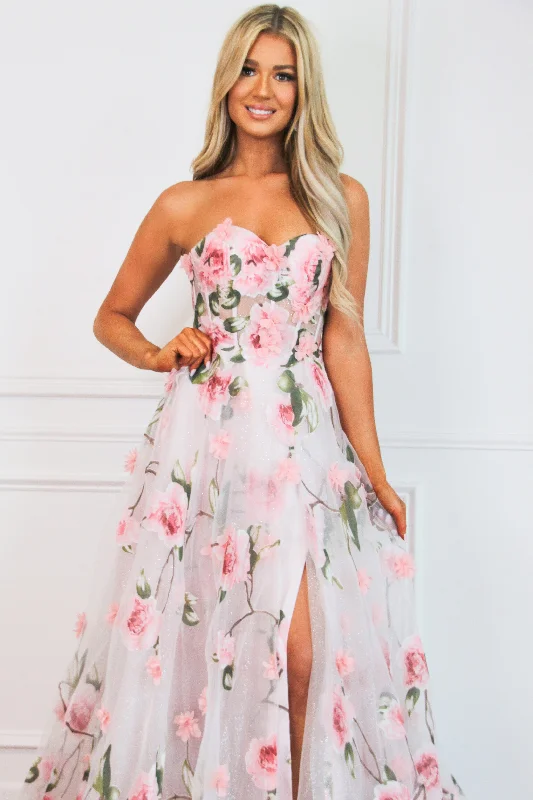 Enchanted Florals Sparkly Bustier Formal Dress: Blush Multi