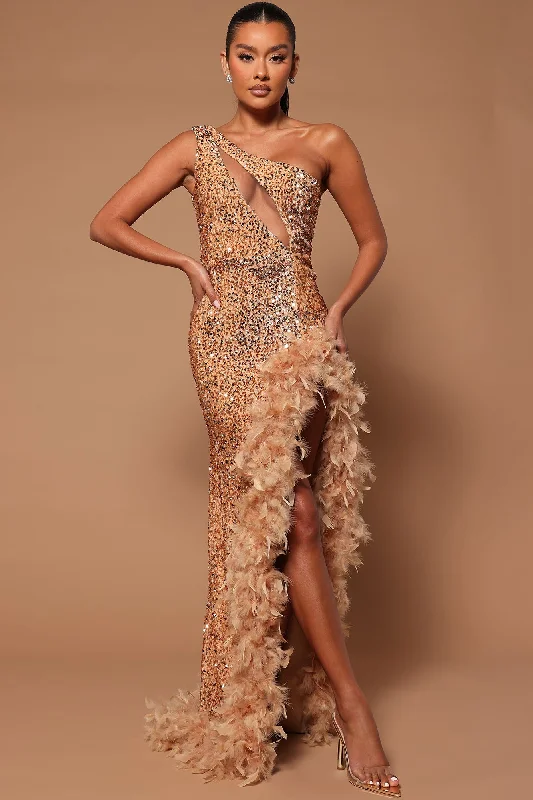 Esme Sequin Feather Maxi Dress - Nude