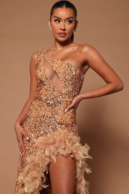 Esme Sequin Feather Maxi Dress - Nude