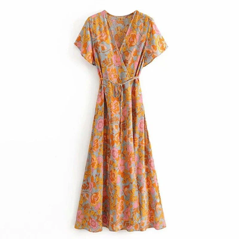 FashionSierra-Cotton  Orange Floral Print  Maxi Wrap  Women  2024  Vintage  Deep V Neck  Long  Summer  Vestidos  Beach  Robe Boho Dress