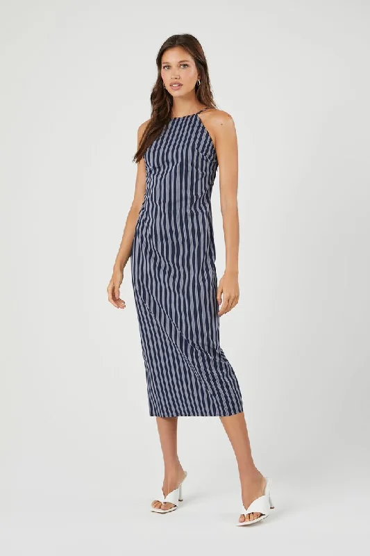 Forever 21 Women's Striped Poplin Midi Dress Navy/Multi