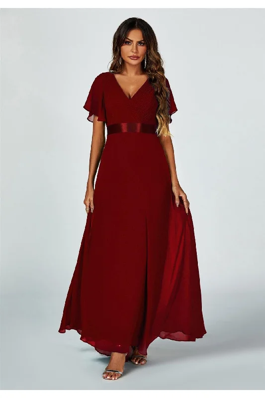 FS Collection Angel Sleeves Empire Waist Bridesmaid Dress In Wine