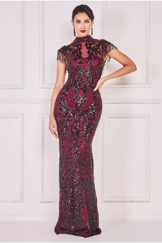 Goddiva Embroidered Sequin Beaded Cap Sleeve Maxi - Burgundy