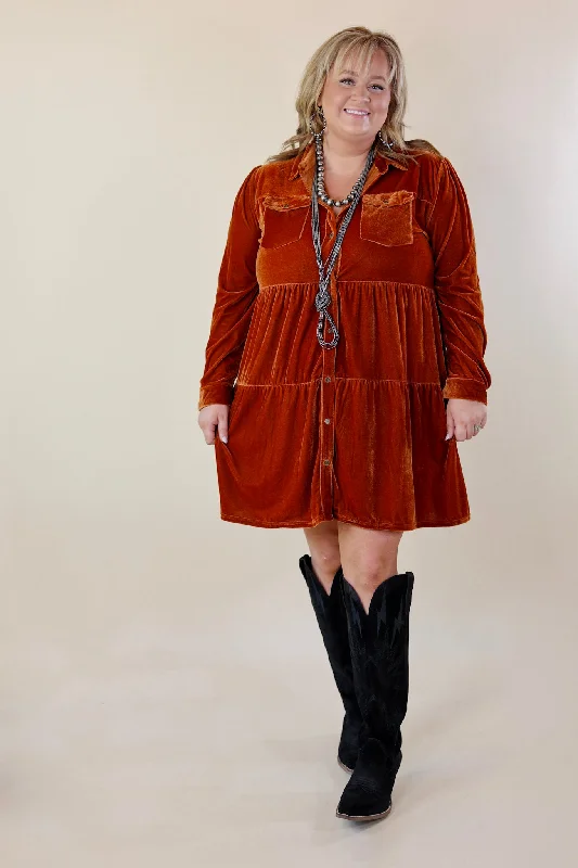 Grateful Gathering Velvet Button Up Dress with Long Sleeves in Burnt Orange