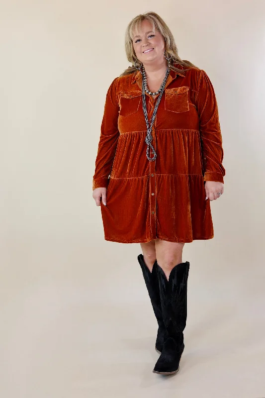 Grateful Gathering Velvet Button Up Dress with Long Sleeves in Burnt Orange