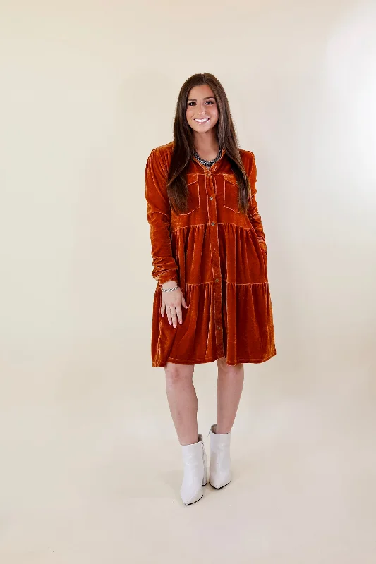 Grateful Gathering Velvet Button Up Dress with Long Sleeves in Burnt Orange