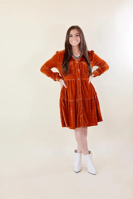 Grateful Gathering Velvet Button Up Dress with Long Sleeves in Burnt Orange