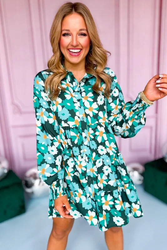 Green Floral Printed Collared Button Front Tiered Dress