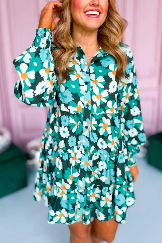 Green Floral Printed Collared Button Front Tiered Dress