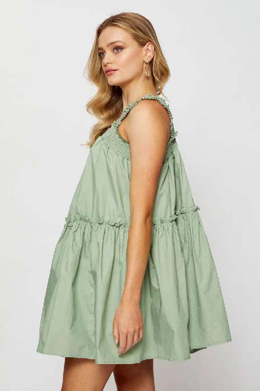 Green Mini Dress Sleeveless Square Neck