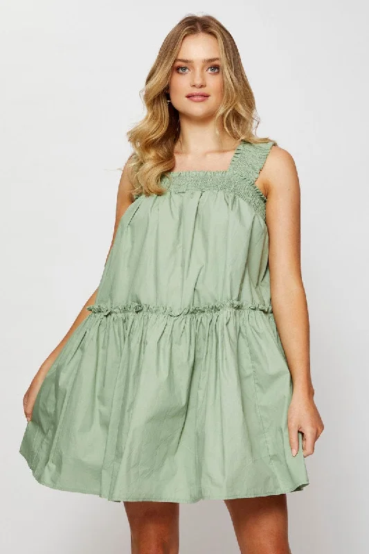 Green Mini Dress Sleeveless Square Neck