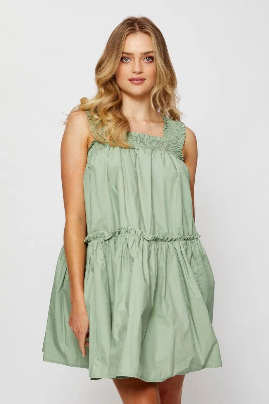 Green Mini Dress Sleeveless Square Neck