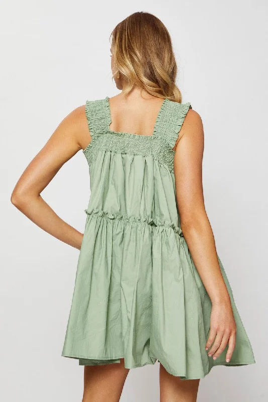 Green Mini Dress Sleeveless Square Neck