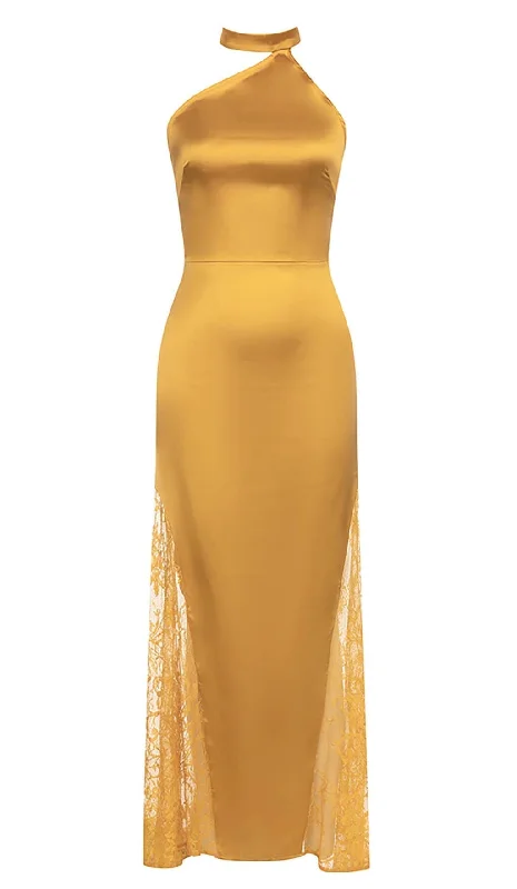 HALTER LACE SATIN MAXI DRESS IN MUSTARD