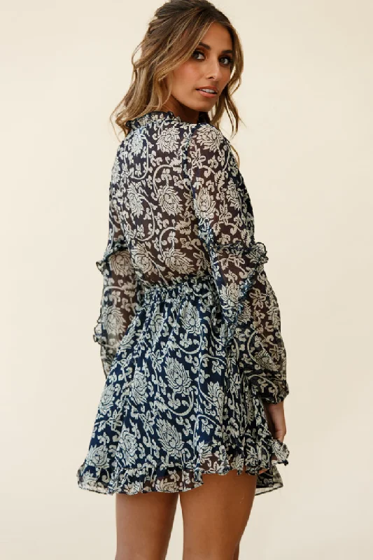 Lima Long Sleeve Drawstring Waist Frill Dress Floral Print Navy