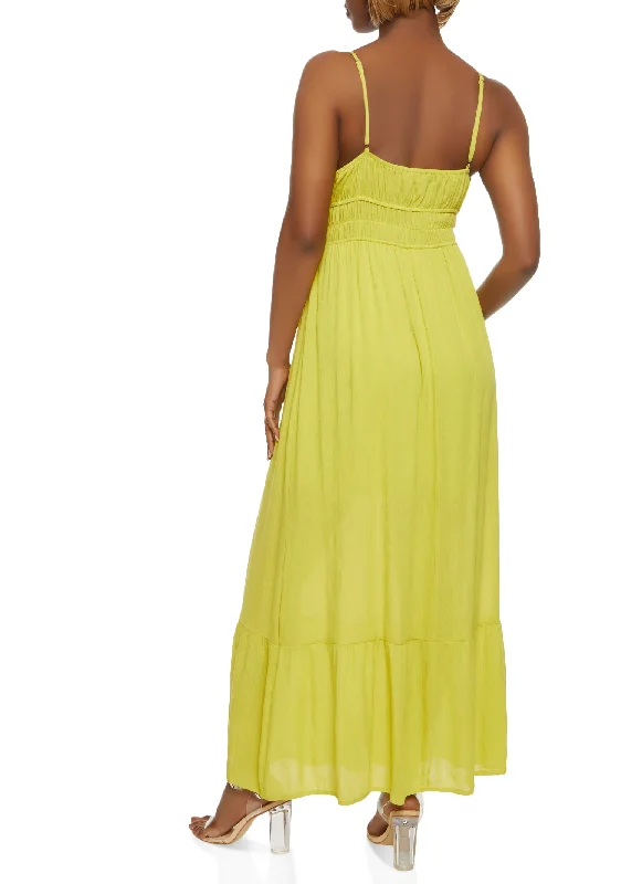 Gauze Knit Tie Front Tiered Maxi Dress