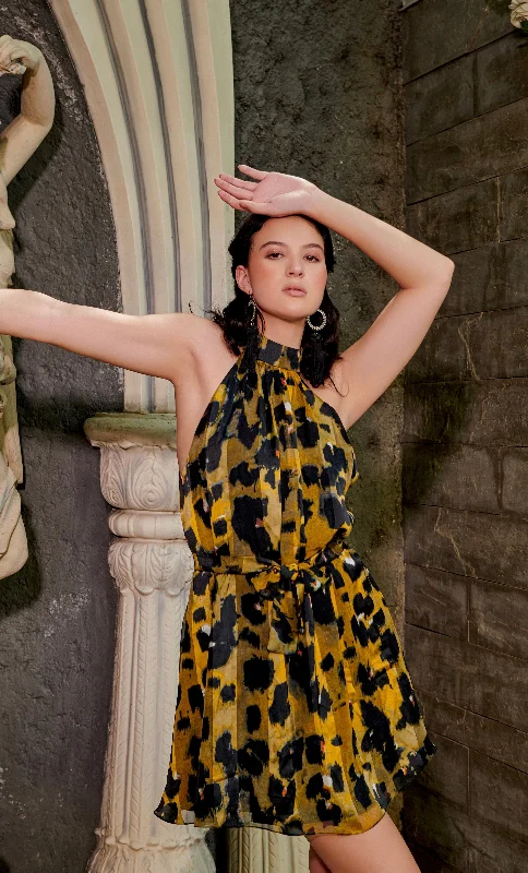 Little love - halterneck printed mini dress in black & yellow