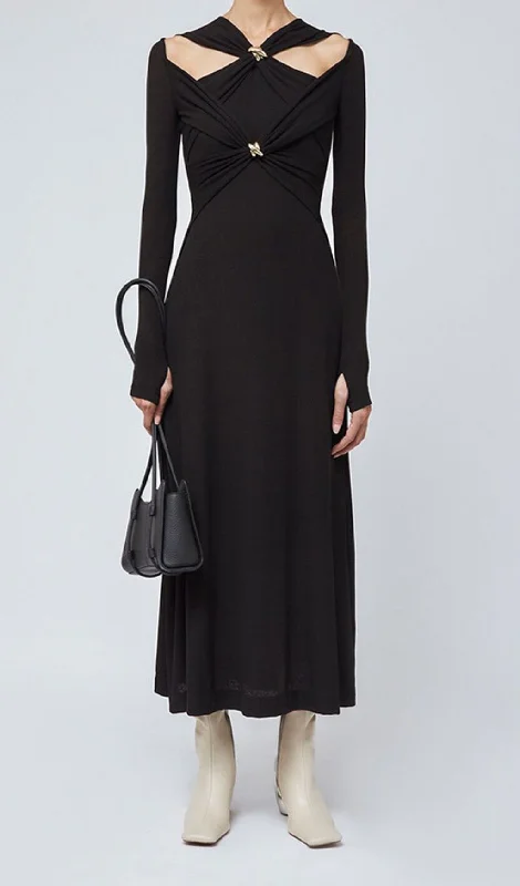 LONG SLEEVE HOLLOW OUT MAXI DRESS IN BLACK