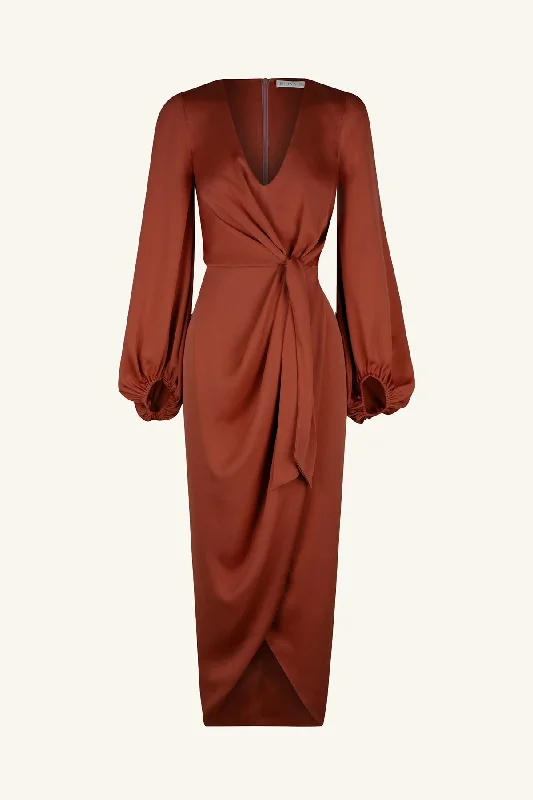 LUXE TIE FRONT BALLOON SLEEVE MIDI DRESS - SANGRIA