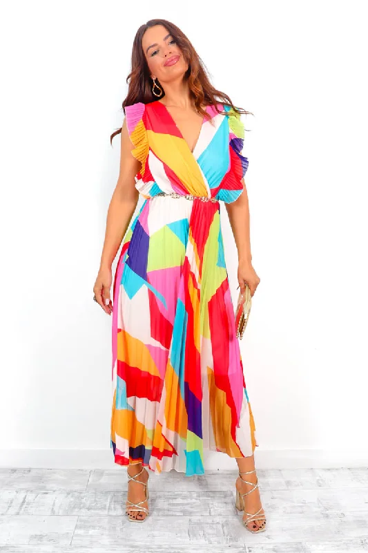 Mamma Mia - Multi Abstract Print Pleated Maxi Dress