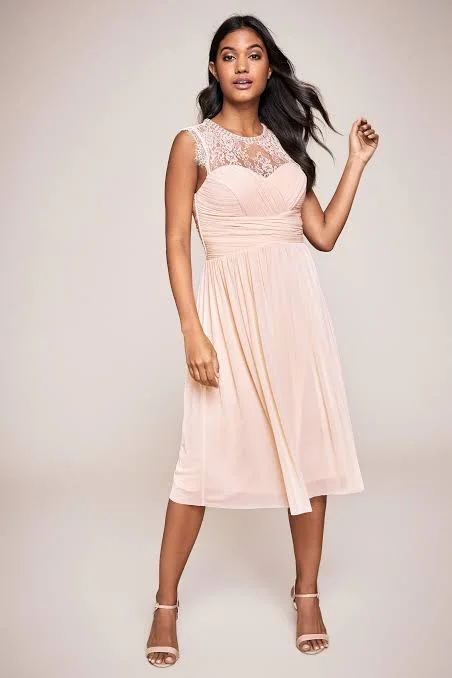 Mesh Embroidered Trim Midi Dress Pink