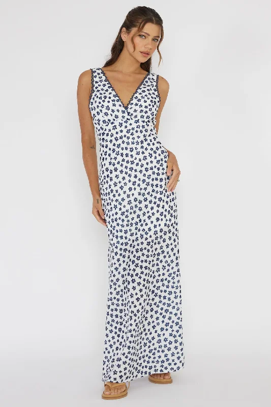 Miss Divine V-Neck Maxi Dress Flower Blue