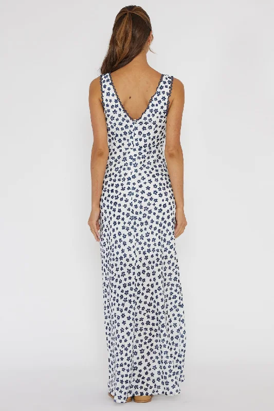 Miss Divine V-Neck Maxi Dress Flower Blue