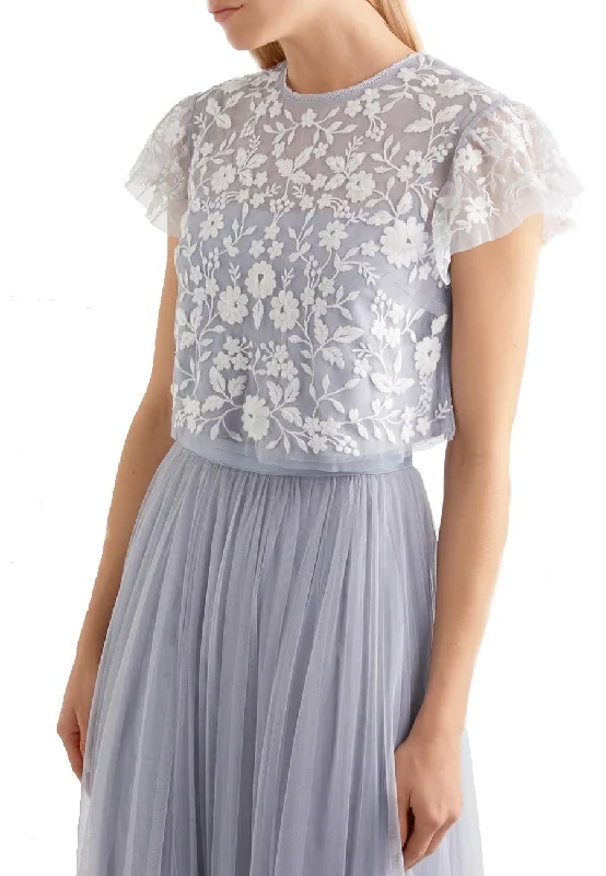 Blue Meadow Embroidered Tulle Cropped Top and Skirt