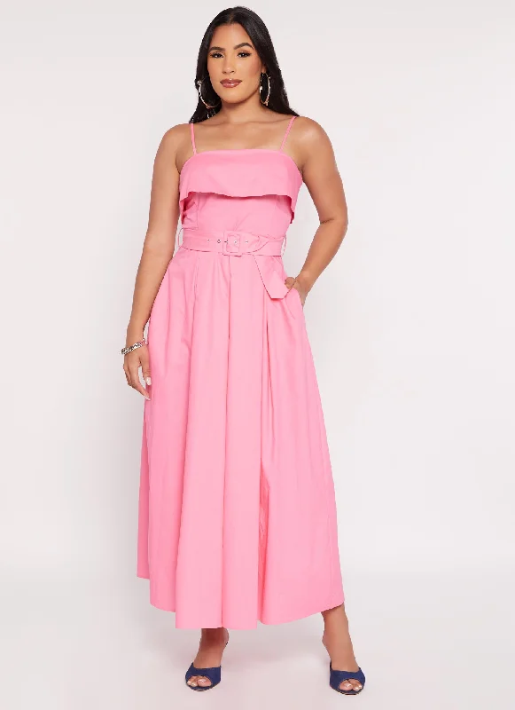 Haute Monde Poplin Belted Square Neck Maxi Dress