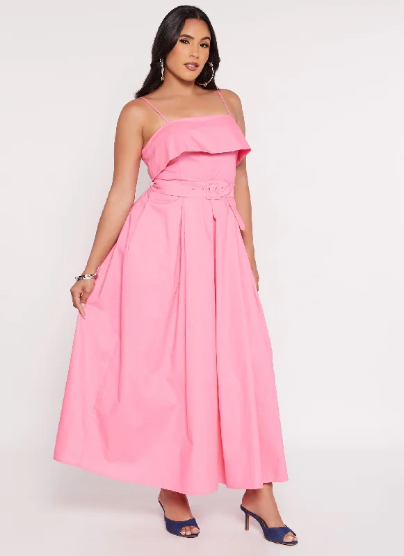 Haute Monde Poplin Belted Square Neck Maxi Dress