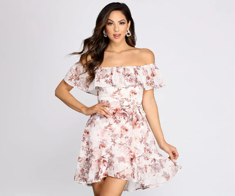 Playful Petals Floral Chiffon Off Shoulder Mini Dress