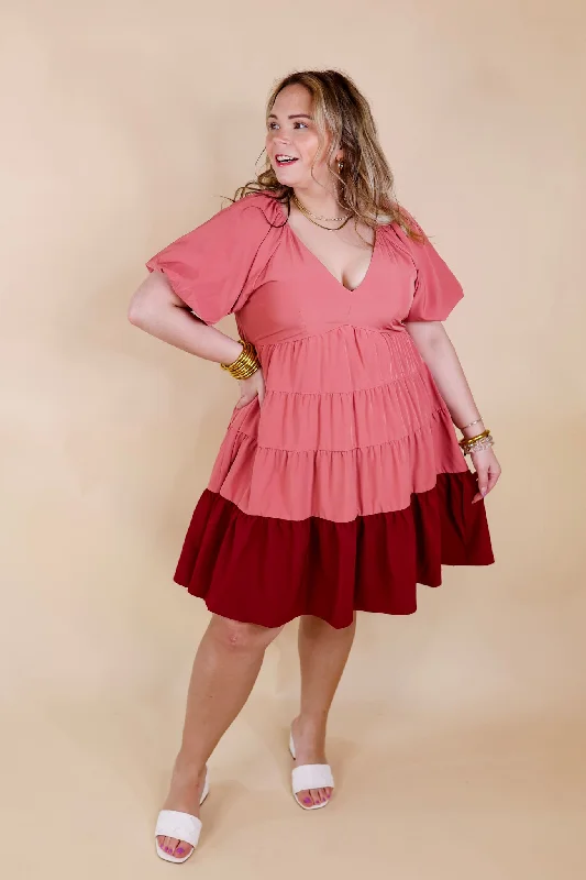 Trendy City Puff Sleeve Tiered Dress with Pink Hemline in Rose Pink