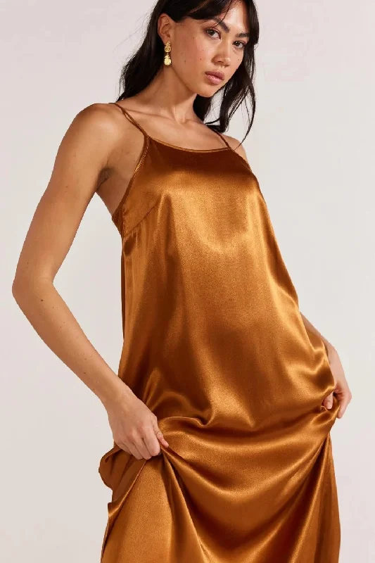 Rayna Copper Satin Strappy Maxi Dress