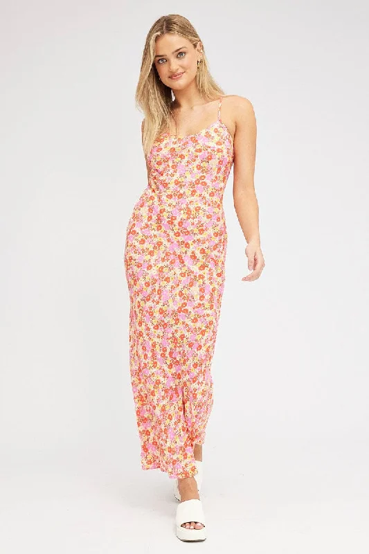 Red Floral Maxi Dress Bias Cut