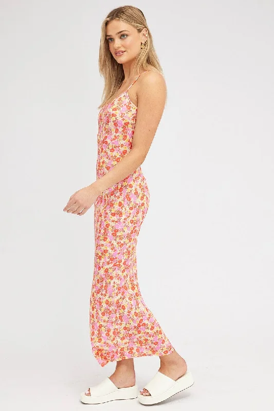 Red Floral Maxi Dress Bias Cut