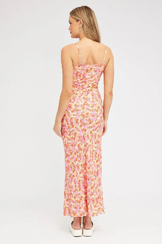 Red Floral Maxi Dress Bias Cut