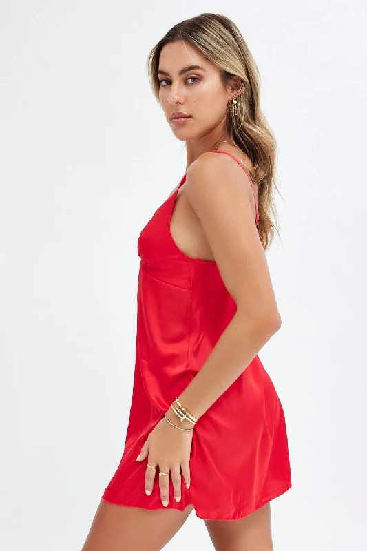 Red Slip Nightie Satin Strap Night Dress