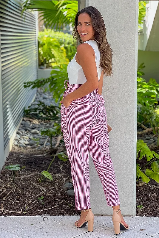 Red Striped Jumpsuit With Tie Belt