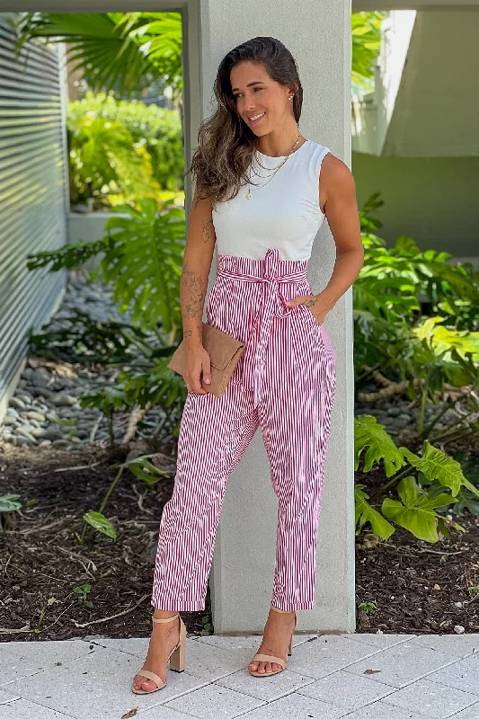 Red Striped Jumpsuit With Tie Belt