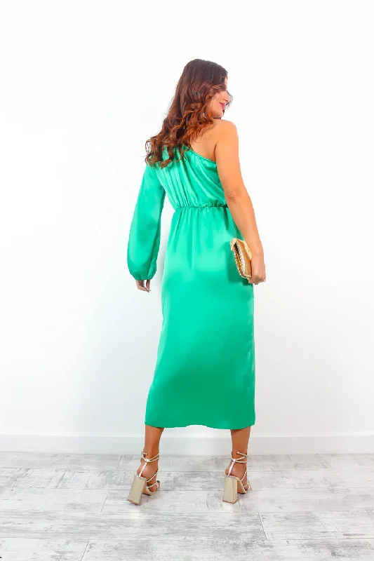 Ring My Bell - Green One Shoulder Draped Midi Dress