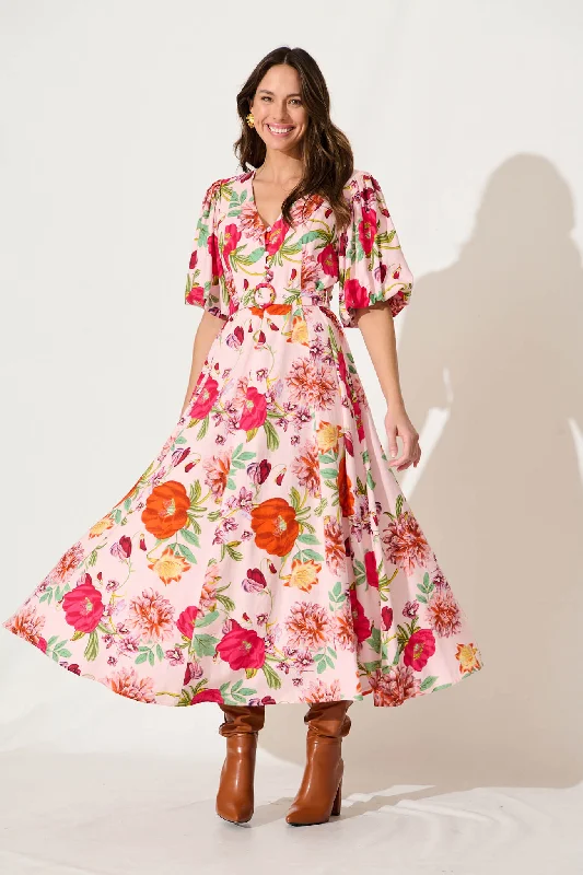 Robinson Maxi Dress In Pink And Bright Floral Linen Blend