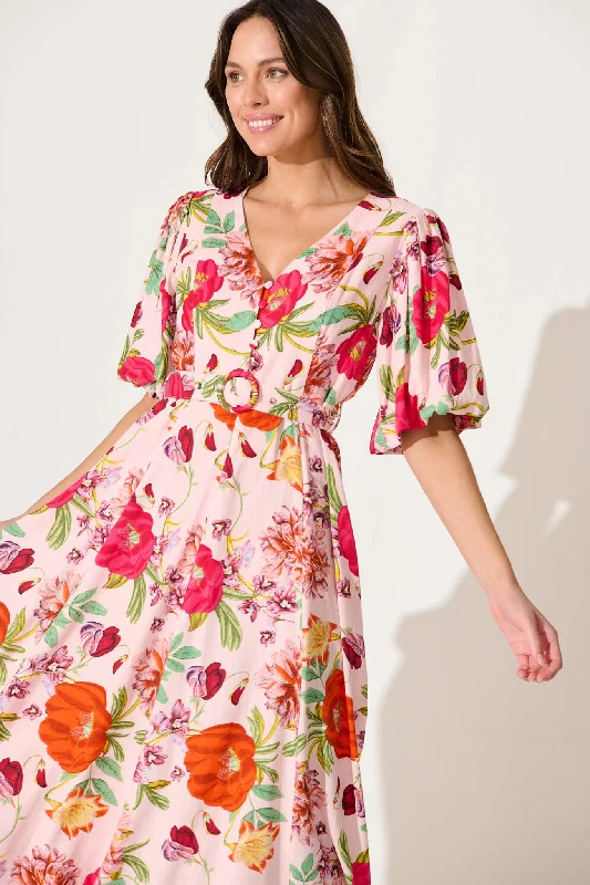 Robinson Maxi Dress In Pink And Bright Floral Linen Blend