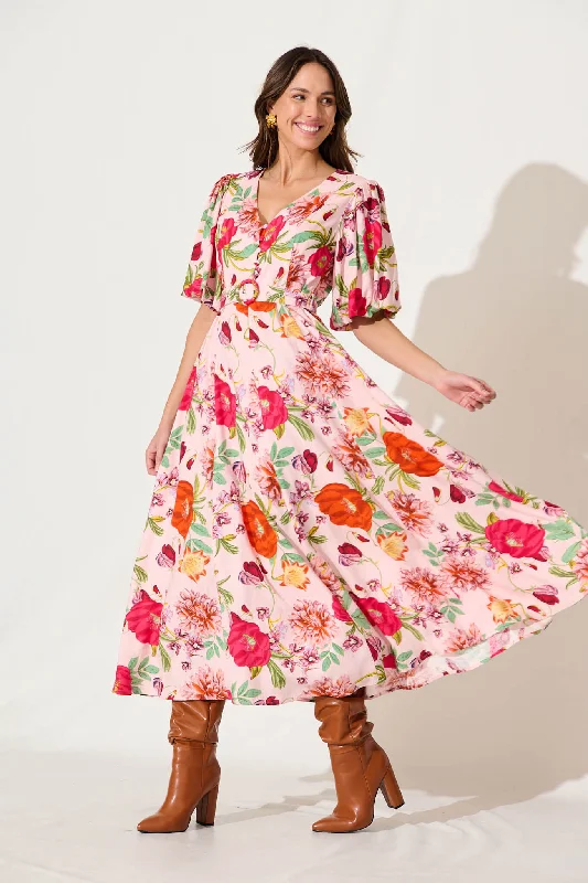 Robinson Maxi Dress In Pink And Bright Floral Linen Blend