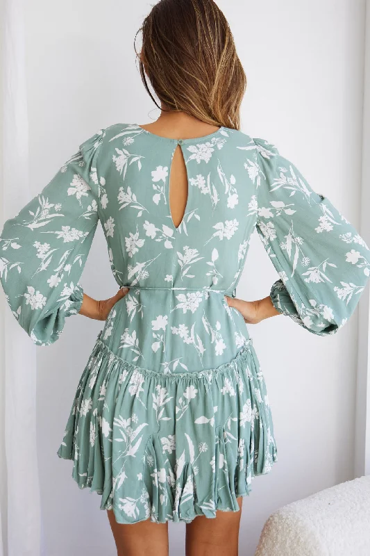 Rosabel Balloon Sleeve Fluted Hem Dress Botanic Print Sage