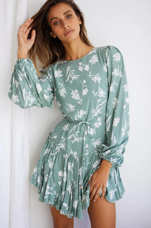 Rosabel Balloon Sleeve Fluted Hem Dress Botanic Print Sage