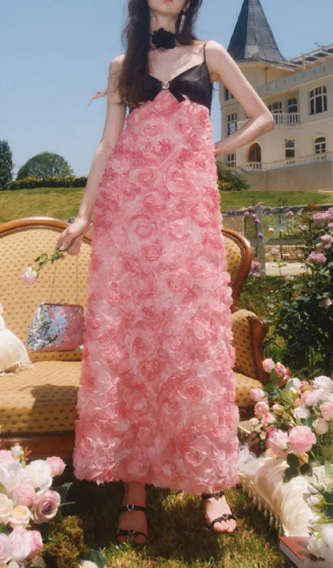 ROSE APPLIQUÉD SPAGHETTI MAXI DRESS IN PINK