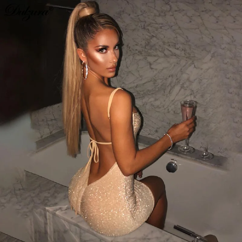 Amy Fashion - Shiny Ruched Lace Up Backless Bodycon Sexy Dress