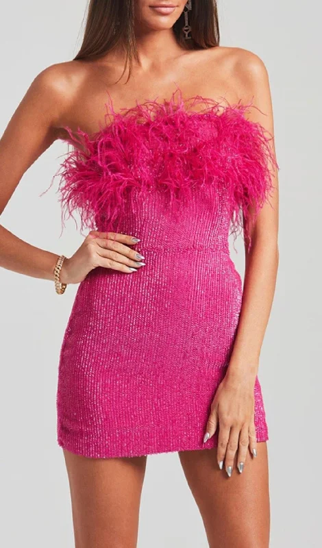 SEQUIN FEATHER STRAPLESS MINI DRESS IN HOT PINK